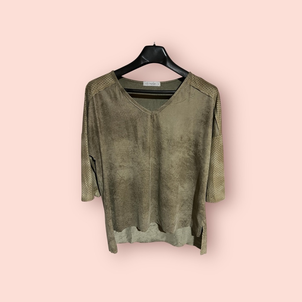 Israel Designer Marilen L / XL Olive Green V-Neck Faux Suede Top